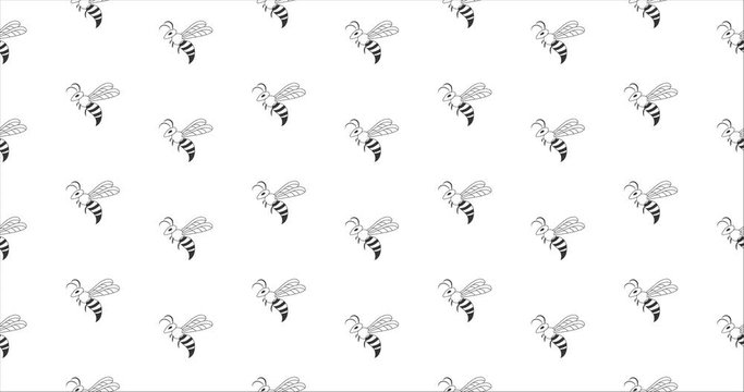 Repeating black and white seamless video animation motion clip background with bee wasp icon in seamless pattern repeating loop