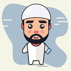 Muslim man hold smartphone cute cartoon vector illustration