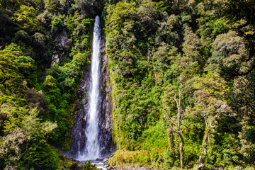 Fototapeta na wymiar Landscapes of South Island. Small high waterfall. New Zealand
