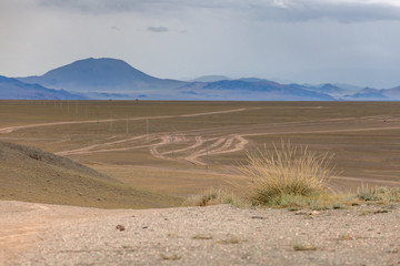 Winding dirt road through lush rolling hills of Central Mongolian steppe. Mongolian Altai. Mongolia landscape.