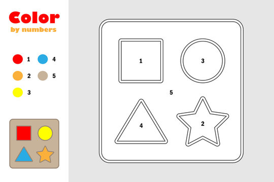 Shape puzzle in cartoon style, color by number, education paper game for the development of children, coloring page, kids preschool activity, printable worksheet, vector illustration