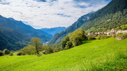 Naklejka premium Late Summer, early Fall in Soglio, a village in the district of Maloja in the Swiss canton of Graubünden close to the Italian border. It lies on the nothern side of Val Bregaglia (Bergell in German)