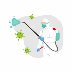 Medical Personnel Wearing Hazmat Suit and Spraying Disinfectant - Vector Flat Design Illustration : Suitable for People Theme, Health / Medical Theme, Infographics and Other Graphic Related Assets.