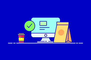 Online shopping illustration includes monitor, package and coffee icons in flat line style. Design concept of vector illustration isolated on color background for website and mobile apps. 