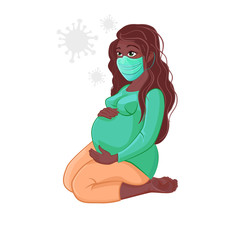 Cartoon Character female pregnant figure in a protective mask. Stop the coronavirus. Self-isolation.