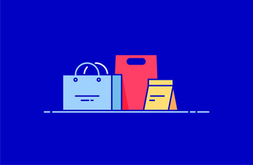 Purchase, marketplace and shopping bags icons in flat line style. Design concept of vector illustration isolated on color background for website and mobile apps. 