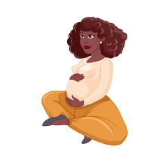 Cute dark-skinned pregnant woman Cartoon Character banner. A pregnant young brunette girl.