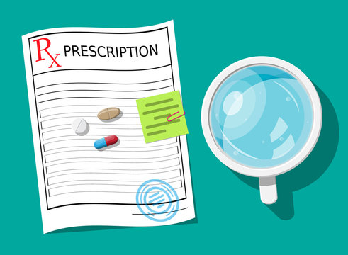 Glass of water, prescription, pills, capsules for illness and pain treatment. Taking medication concept. Medical drug, vitamin, antibiotic. Healthcare and pharmacy. Vector illustration in flat style