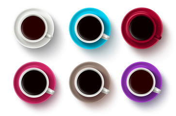 Coffee cup vector set. Coffee cups with saucers in 3D realistic various colors in top view white background. Vector illustration.
