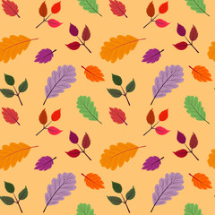 Fototapeta na wymiar Seamless vector pattern with the image of autumn leaves stylized in a flat style. The colors of the autumn gamut are perfect for scrapbooking paper and as separate design elements.