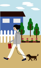 犬と散歩する女性