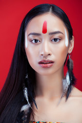 beauty young asian girl with fashion make up on red background , beauty stylish look