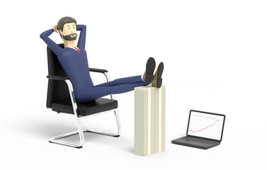 Businessman reclines on a back of an armchair and puts his legs on a tall heap of wads of money. 3D illustration