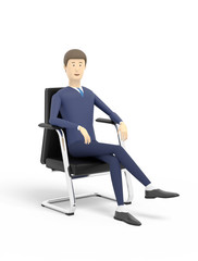 Man is sitting in a black armchair on white background. 3D illustration