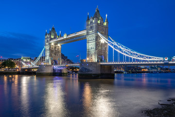 The Tower Bridge stretching over River Thames in London, England.