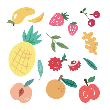 Vector illustration with bright colorful tropical fruits in doodle style isolated on white background. Hand drawn fruits collection: pineapple, lychee, orange, peach, strawberry, ginger root, apple.