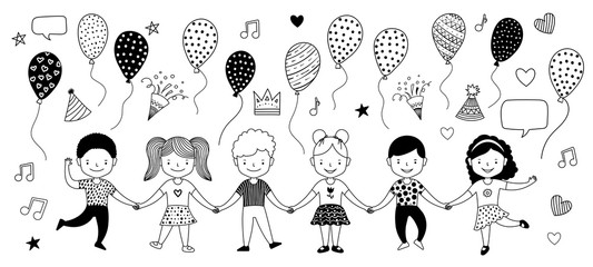 Group chain of happy children holding hands. Graduation concept. Set of elements. Air balloons, firework, music sign. Black and white line art vector doodle illustration