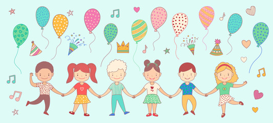 Group chain of happy children holding hands. Graduation concept. Set of elements. Air balloons, firework, music sign. Soft color vector doodle illustration