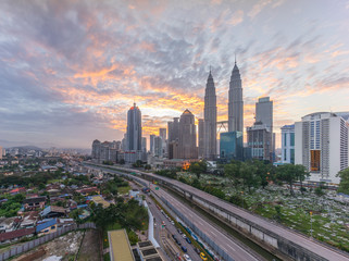 Plakat Aerial View Of City During Sunset