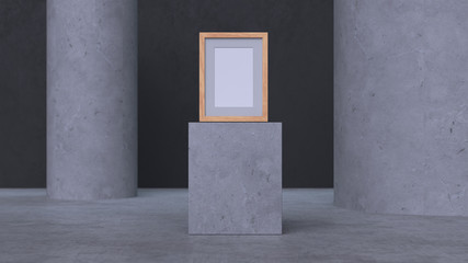 The light wooden frame with white canvas on a concrete pedestal in a concrete environment. 3d render with depth of field.