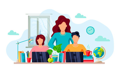 Home learning concept. Mother is helping students to do homework. Flat cartoon style design. Vector illustration