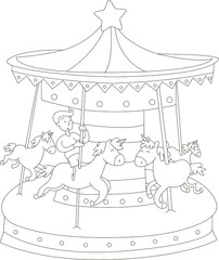 Vector black and white outline contour. Silhouette of a boy riding a carousel.