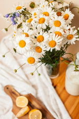 Simply stylish wooden kitchen with bottle of milk and glass on table, summer flowers camomile, healthy foog moring concept