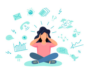 Female gets too much information. Information and data overload concept. Digital information overload. Flat cartoon design styles vector illustration.