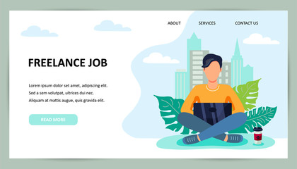 Person is sitting on urban view background and working on laptop. Place for text. Flat cartoon style design. Vector illustration. Freelance or online studying concept.
