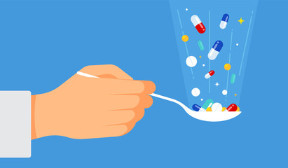 The doctor offers pills for treatment: a tablespoon in hand, various pills and drops fall into a spoon. The concept of life on the tablets. Vector illustration for cover, blog, poster or banner. - obrazy, fototapety, plakaty