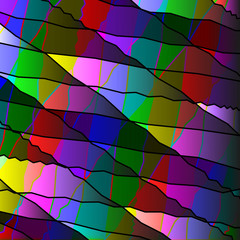 Mirrored colored shards of curved red intersecting ribbons and dark lines.