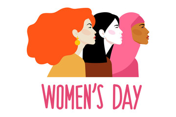International Women`s Day. Vector template with women different nationalities and cultures. Women look the same way. Feminism. Vector illustration.