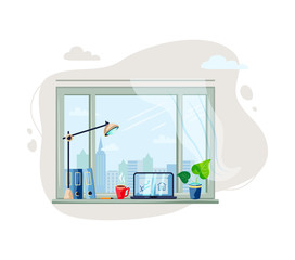 Workplace with window, laptop, potted plant, cap with hot drink. Home office concept. Cozy workplace. Vector illustration.