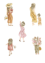 illustration of a woman with a child in her arms, back, girl waving hand, girl watercolor summer