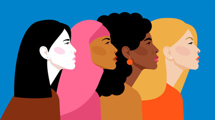 Diverse multi-ethnic women. Different women: African, Asian, Chinese, European, Latin American, Arab. Women different nationalities and cultures. The struggle, independence, equality, diversity