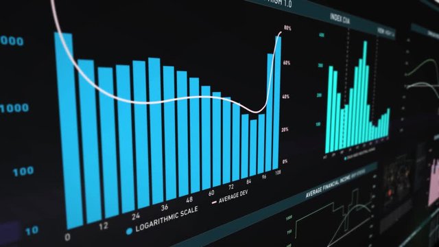 Digital financial graph animation. Minimalistic animation with diagrams, data sets, curves and information for screens, monitors and digital walls. Black background.