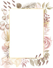 golden frame of watercolor leaves and flowers in boho style