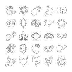 Human organs and virus line style icon set vector design