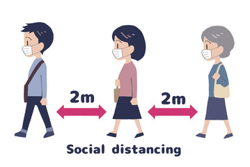 イラスト素材：ソーシャルディスタンス　列に並ぶ人々