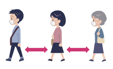 イラスト素材：ソーシャルディスタンス　列に並ぶ人々