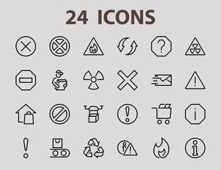A simple set of WARNINGS, thin vector lines. Contains ICONS such as a warning, exclamation mark, reuse, warning sign, and more. Editable stroke. 48x48 Pixel Perfect. Vector illustration