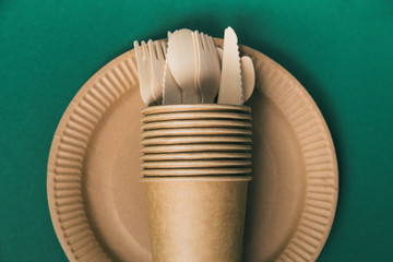 Eco friendly craft paper tableware on green background.