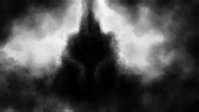 Dark silhouette of seated demon made of smoke. 2D animation in genre of horror fantasy with coal and noise effect. Black and white abstract background. Animated 4K video clip nightmare for Halloween.