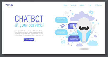 Chatbot or artificial intelligence network concept. Neuronet or ai technology background with robot chatbot and messages. Landing page template,web banner. Flat cartoon vector illustration