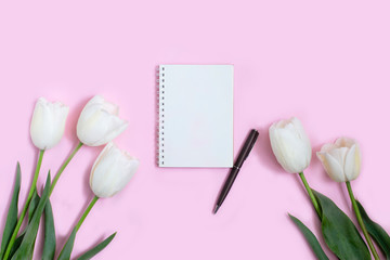 White flowers and notebook and pen on pink background. Blogger concept. Flat lay, top view.