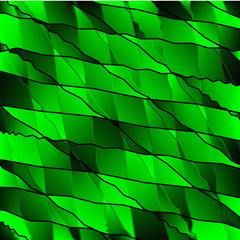 Mirrored gradient shards of curved green intersecting ribbons and horizontal lines.