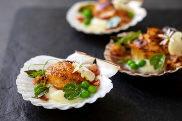 Scallops with cauliflower puree, pancetta, green peas and micro herbs