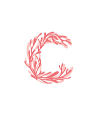 Letter C pink colored seaweeds underwater ocean plant sea coral elements flat vector illustration on white background