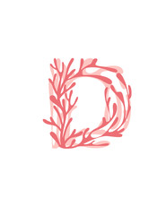 Letter D pink colored seaweeds underwater ocean plant sea coral elements flat vector illustration on white background