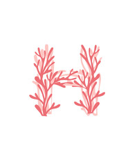 Letter H pink colored seaweeds underwater ocean plant sea coral elements flat vector illustration on white background